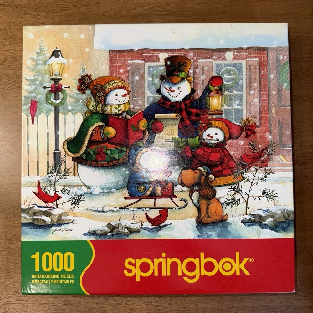 Springbok 1000 Piece Jigsaw Puzzle Caroling Snowmen Janet Stever Winter Holiday